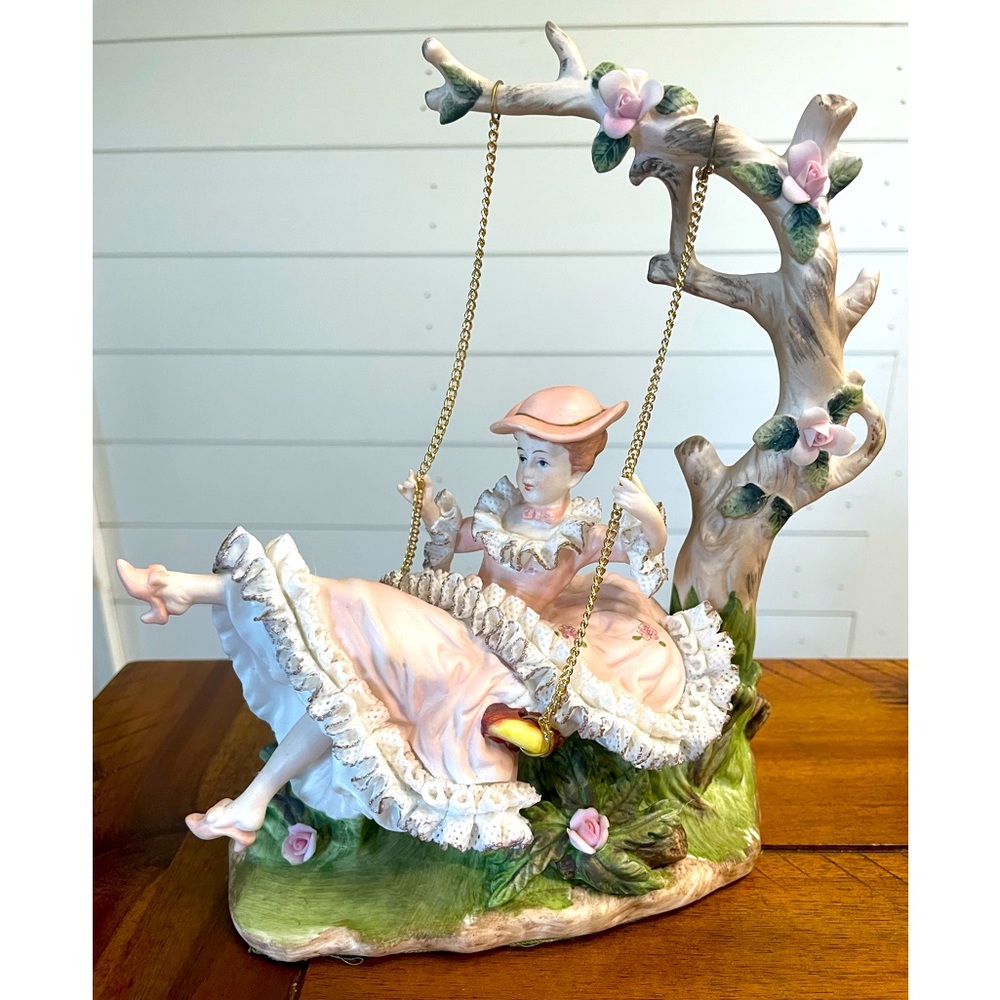 Vintage Porcelain Music Box. Lady Victorian dress. Fly me to the moon tune.